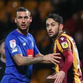 Harrogate Town's Joe Mattock prepares to attack a set-piece during Thursday evening's League Two loss at Bradford City. Picture: Matt Kirkham