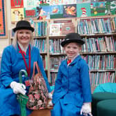 World Book Day at Ashville College Prep School in Harrogate - Deputy head Amanda Gifford and a pupil, both dressed as Mary Poppins.