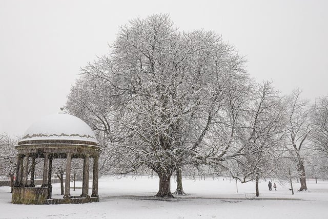A chilly image of snow covering Tewit's Well on The Stray, in Harrogate.