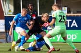 Harrogate Town striker Luke Armstrong sees a header saved by Stockport County goalkeeper Vitezslav Jaros during Saturday's League Two stalemate at Edgeley Park. Pictures: Matt Kirkham