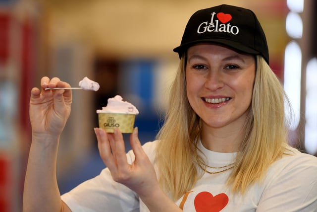 Niki Chapman enjoying a tub of Gluso ice cream on the first day of the show