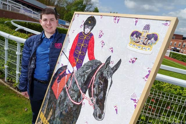 Harrogate artist James Owen Thomas at Pontefract Racecourse with his new artwork for the Coronation commissioned by Great British Racing. (Picture Great British Racing)