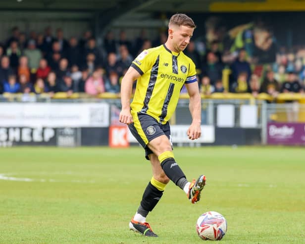 Harrogate Town captain Josh Falkingham in action against Notts County at Wetherby Road. Pictures: Matt Kirkham