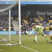 Jasper Moon reacts quickest to draw Harrogate Town level during Easter Monday's 3-1 win over Fleetwood at Wetherby Road. Pictures: Paul Thompson/ProSportsImages