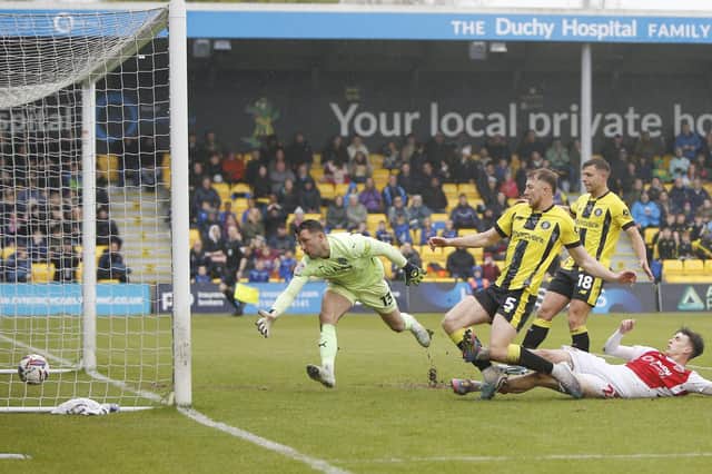 Jasper Moon reacts quickest to draw Harrogate Town level during Easter Monday's 3-1 win over Fleetwood at Wetherby Road. Pictures: Paul Thompson/ProSportsImages