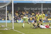 Jasper Moon reacts quickest to draw Harrogate Town level during Easter Monday's 3-1 win over Fleetwood at Wetherby Road. Pictures: Paul Thompson/ProSportsImages