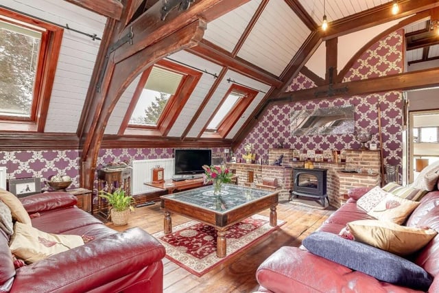 Lounge space in the main house, with open vaults to the ceiling.