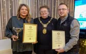 Harrogate Christmas Window Dressing Competition  winners - Pictured from left are Weetons shop manager Jessica Upson, Coun Victoria Oldham, and Weetons MD Rob Coutts.