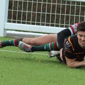 Max Sharp touches down late in the first half to register Harrogate Pythons' only try during Saturday's Yorkshire One loss at Keighley. Pictures: Julian Tatlow