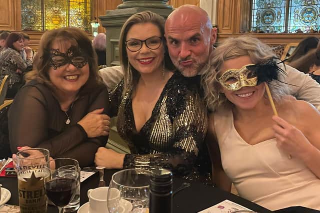 Sue Cawthray, Anna Masheter, Emma Easton and Pete Gawtry at the Harrogate Neighbours Behind the Mask Ball