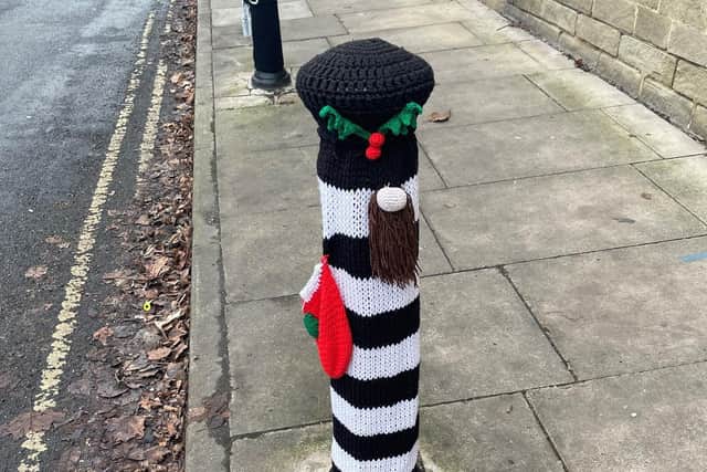 Another of the fantastic knitted bollards created by group of secret 'guerilla knitters' in Knaresborough.