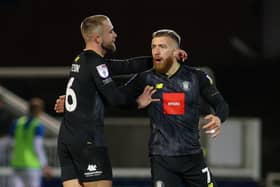 George Thomson, right, is congratulated by Harrogate Town team-mate Alex Pattison after netting his side's 73rd-minute equaliser during Sunday's 3-3 draw at Hartlepool United. Pictures: Matt Kirkham