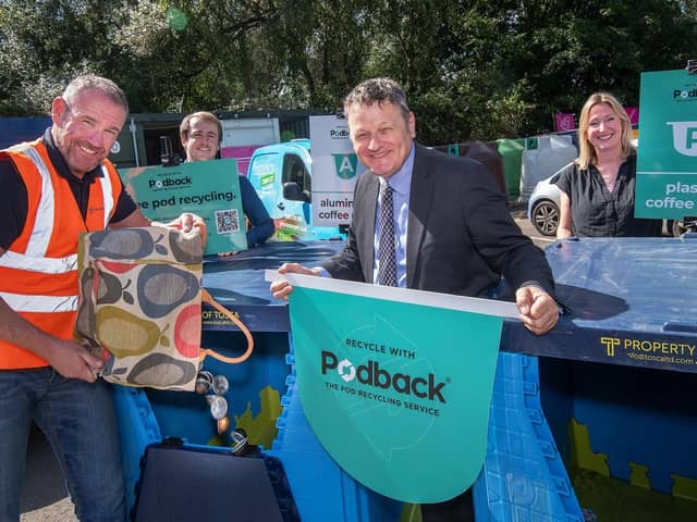 From left, operations manager for household waste recycling centres, Steven Midgley, partnership development and recycling executive at Podback, Paddy Pope, North Yorkshire Council’s executive member for waste services, Cllr Greg White, and service improvement officer, Jenny Lowes. They are showcasing the new coffee pod recycling bins in place at HWRCs across the county.