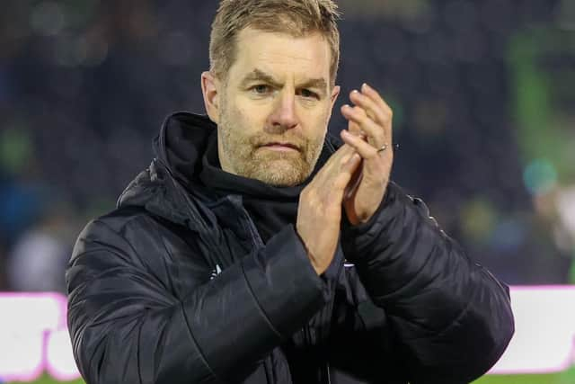 Simon Weaver applauds Harrogate Town's travelling supporters. Picture: Matt Kirkham