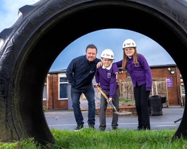 Avant Homes North Yorkshire's Matt Oldfield with Tadcaster Primary Academy pupils in the upgraded play area