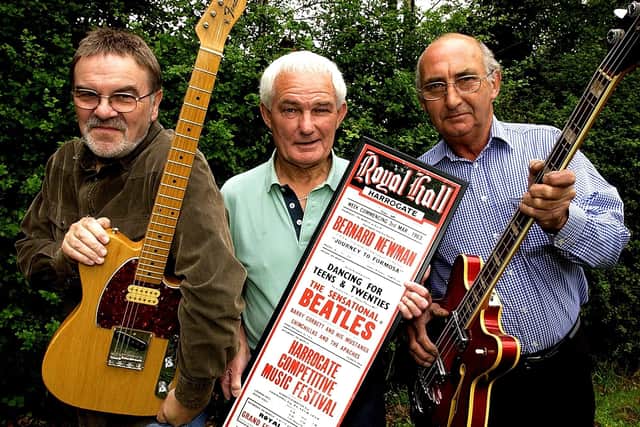 Flashback to 2006 - The then surviving members of local band Ricky Fenton and the Apaches with a poster of the night they supported The Beatles at the Royal Hall in Harrogate in 1963.  Pictured are George McCormick (centre), Bob Mason (left) and Dennis Wardman.
