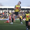 James Daly jumps for joy after putting Harrogate Town 2-1 up against Doncaster Rovers. Pictures: Paul Thompson/ProSportsImages