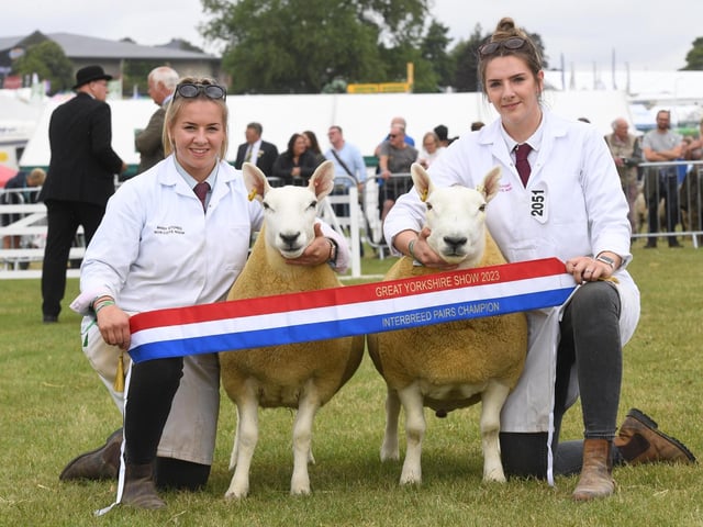 Mary and Annie Stones with their North Country Cheviot who were crowned Overall Pair of Lambs Supreme champions at the show