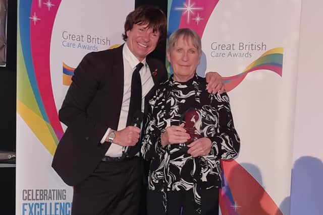 Christine Middleton from Continued Care receives her Dementia Carer Award at the Great British Care Awards