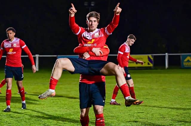 Ezio De Santis celebrates after scoring the decisive penalty during Knaresborough Town's semi-final shoot-out victory over Penistone Church. Picture: Graham Finney Photography/Knaresborough Town AFC