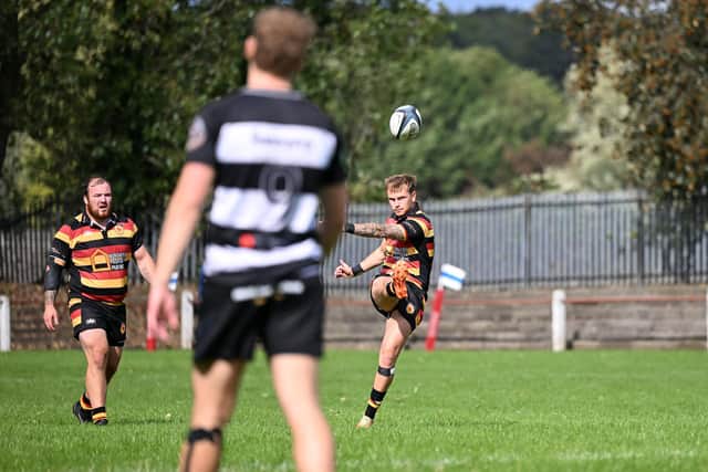 'Gate fly-half Jack Mallinson kicks for touch during Saturday's 24-21 victory in West Yorkshire. Picture: Daniel Kerr