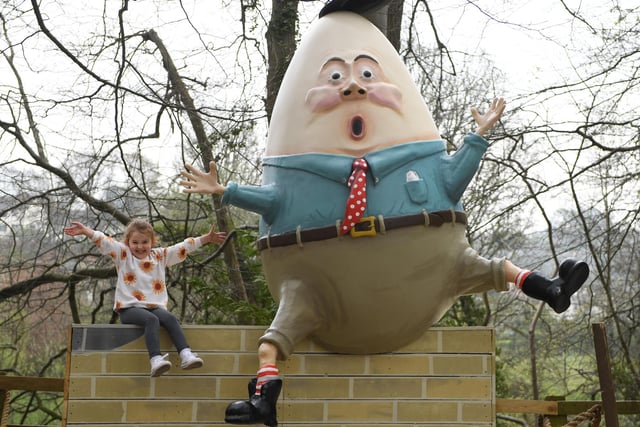 Five-year-old Hallie Dean with Humpty Dumpty at The Bunny Door Trail at Mother Shipton's Cave, Knaresborough in 2022