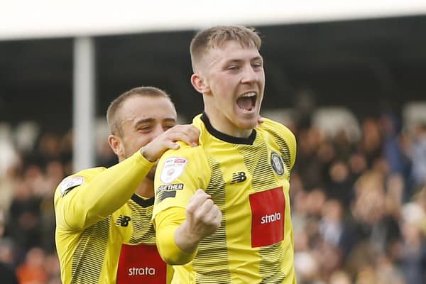 Matty Daly celebrates after firing Harrogate Town into a first-half lead against Tranmere Rovers. Pictures: Harrogate Town AFC