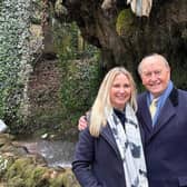 TV film crew at historic Knaresborough location in Yorkshire - Pictured in front of the Petrifying Well is Mother Shipton's Cave owner, Fiona Martin, alongside Bargain Hunt presenter Charlie Ross. (Picture contributed)