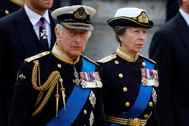 King Charles and Britain's Anne, Princess Royal attend the state funeral and burial of Britain's Queen Elizabeth, at Parliament Square in London. (Photo by SARAH MEYSSONNIER / POOL / AFP) (Photo by SARAH MEYSSONNIER/POOL/AFP via Getty Images)