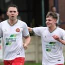 Elliot Holmes, left, celebrates after firing Harrogate Railway into a 22nd-minute lead at Parkgate. Pictures: Craig Dinsdale