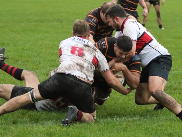 Ed Challis dives over the try-line during Harrogate Pythons' home win over Hullensians. Picture: Submitted