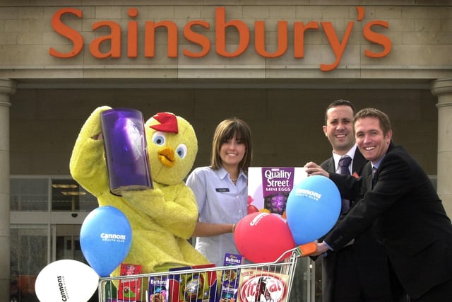 The Cannon's Health Club Easter Egg Appeal held at Sainsbury's in Harrogate in 2003 - Karen Pickersgill, Louise Russell, Nathan Portess and Simon Darlaston