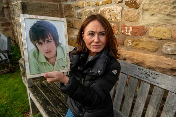 Adrienne Erkulis, the mum of Sebastian Erkulis, who died 2019 in Harrogate Hospital at the age of 25 from pancreatitis. Adrienne is pictured at Oswald's Church, Collingham, near Wetherby, where his body has been laid to rest. Picture: James Hardisty.
