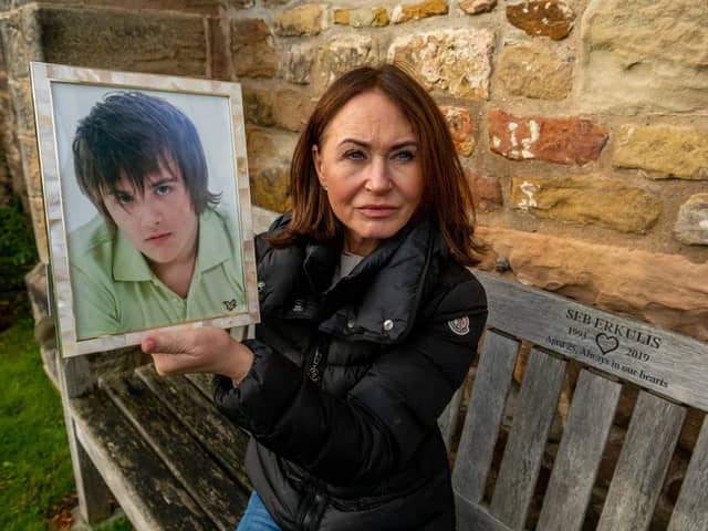 Adrienne Erkulis, the mum of Sebastian Erkulis, who died 2019 in Harrogate Hospital at the age of 25 from pancreatitis. Adrienne is pictured at Oswald's Church, Collingham, near Wetherby, where his body has been laid to rest. Picture: James Hardisty.