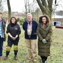 Woodlands boost - Connor Crawford, Susan Bishop and John Hutchinson of Henshaws with Jamilah Hassan of The Banks Group pictured at Bond End in Knaresborough.