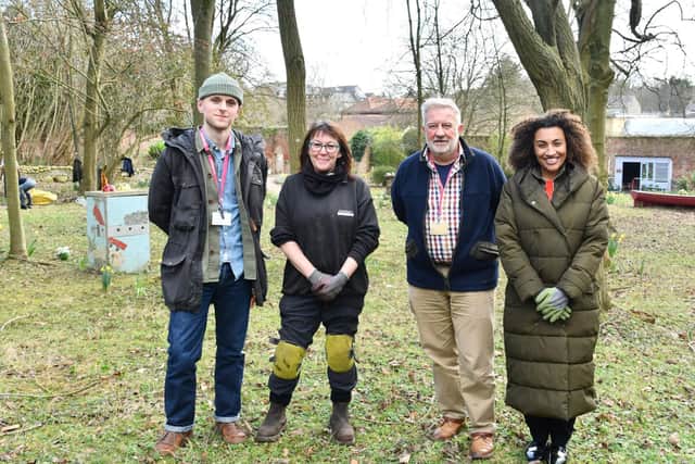Woodlands boost - Connor Crawford, Susan Bishop and John Hutchinson of Henshaws with Jamilah Hassan of The Banks Group pictured at Bond End in Knaresborough.
