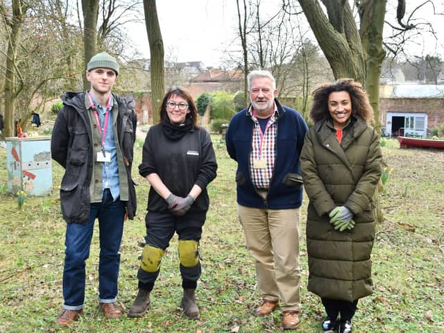 Woodlands boost - Connor Crawford, Susan Bishop and John Hutchinson of Henshaws with Jamilah Hassan of The Banks Group pictured at Bond End in Knaresborough.