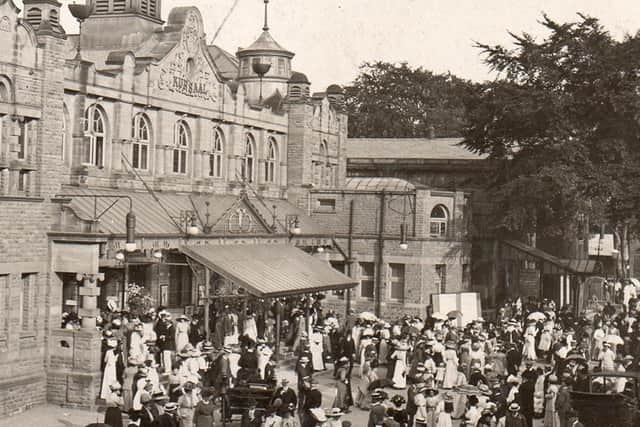 From the archive - Crowds outside the Royal Hall in Harrogate in Edwardian times in an era of elegance.