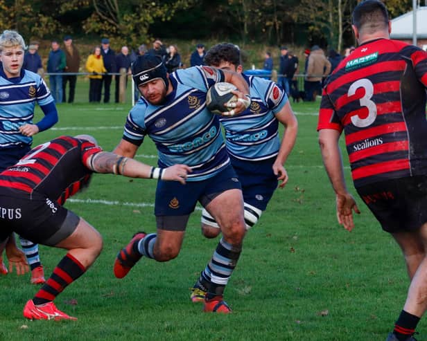 Ripon RUFC on the attack during Saturday's Yorkshire One showdown with Huddersfield Laund Hill. Picture: Submitted
