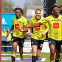 Kazeem Olaigbe celebrates after firing Harrogate Town into an early lead at Northampton Town. Picture: Matt Kirkham