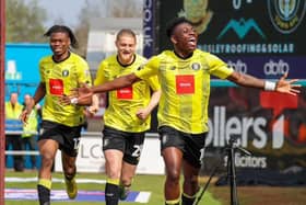 Kazeem Olaigbe celebrates after firing Harrogate Town into an early lead at Northampton Town. Picture: Matt Kirkham