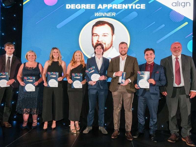 The Degree Apprentice of the Year Award was presented to Jonathan Day, of DSSR Ltd Consulting Engineers, pictured third from the right