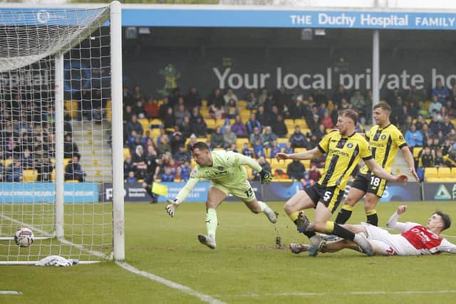 Harrogate Town defender Jasper Moon scores from close range to equalise in the 56th-minute of Easter Monday's League Two clash with Fleetwood.