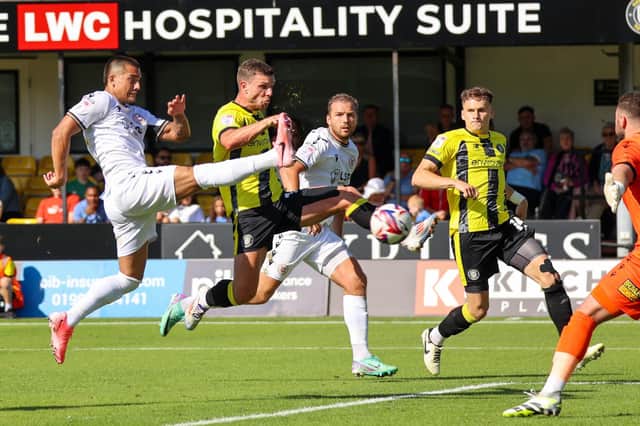 Jack Muldoon looks to get on the end of a cross into the box during Harrogate Town's opening-day-of-the-season defeat to Bromley. Pictures: Matt Kirkham