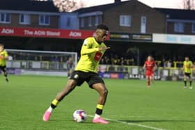 Kazeem Olaigbe on the attack during Harrogate Town's 3-0 victory over Walsall at Wetherby Road. Pictures: Brody Pattison