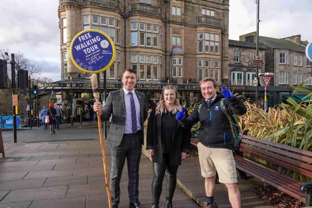 Pictured from left are Harrogate BID Manager Matthew Chapman, Harrogate BID Marketing and Business Executive Bethany Allen, and Harry Satloka from ‘Free Walking Tour Harrogate’
