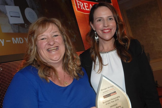 Heather Parry Managing Director of The Yorkshire Event Centre is presented with The Business Personality of the Year Award by Sally Appleton in 2016