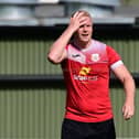 Knaresborough Town defender Will Lineman saw an early header come back off the woodwork. Picture: Graham Finney Photography