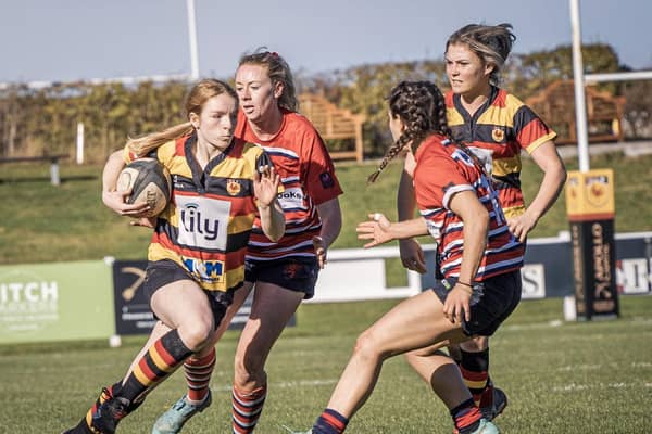 Harrogate RUFC Ladies on the attack during Sunday's narrow home defeat to Barnsley at Rudding Lane. Picture:s John Ashton/Ickledot Photography