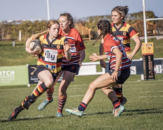 Harrogate RUFC Ladies on the attack during Sunday's narrow home defeat to Barnsley at Rudding Lane. Picture:s John Ashton/Ickledot Photography